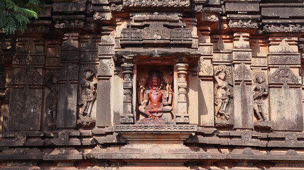 India, Karnataka, Ancient 12th Century Lord Shiva Temple, Carvings of Hindu Deities on the Wall of Monument,  © Raj