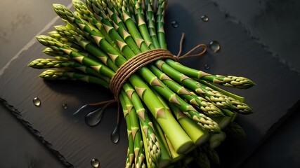 Fresh bundle of green asparagus spears tied with rustic twine rotating on a wet dark slate background, illustrating healthy organic cooking ingredients and culinary freshness - Powered by Adobe