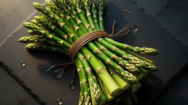 Fresh bundle of green asparagus spears tied with rustic twine rotating on a wet dark slate background, illustrating healthy organic cooking ingredients and culinary freshness