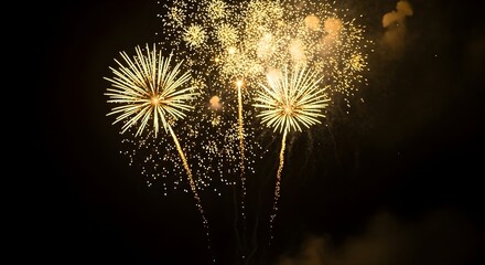 Golden fireworks exploding in the night sky celebration