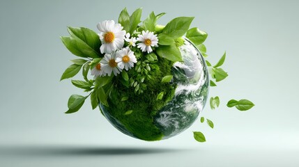 Floating globe covered in lush greenery and vibrant flowers, symbolizing environmental conservation and sustainability, with a serene background emphasizing nature's beauty and harmony