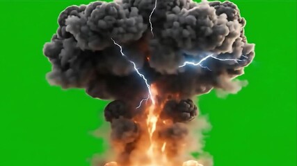 Massive nuclear explosion mushroom cloud with fire and lightning effect on green screen background for visual effect video - Powered by Adobe