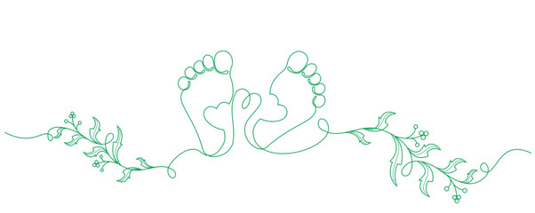 Line art style vector illustration of baby footprints with green leaf twig variations