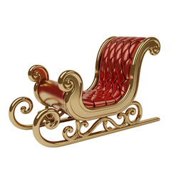 Ornate golden christmas sleigh with red padded seat isolated on transparent background