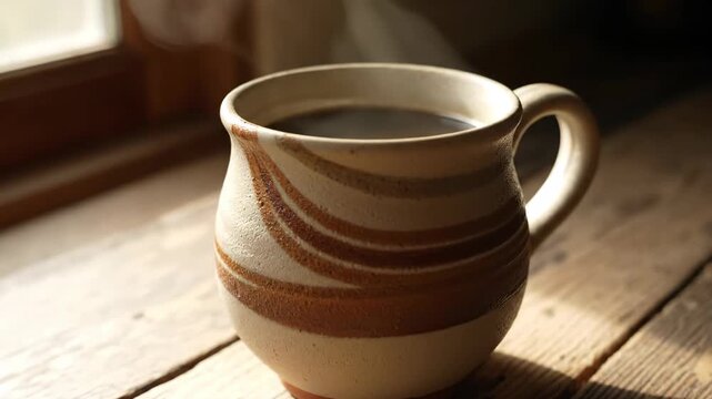 A ceramic mug of coffee sitting on a wooden surface
