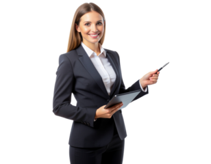 Businesswoman giving a presentation while pointing at a digital chart, isolated on a transparent background, PNG