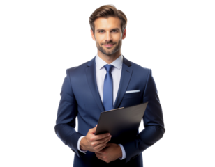 Professional man in corporate attire reviewing documents in a folder, isolated on a transparent background, PNG