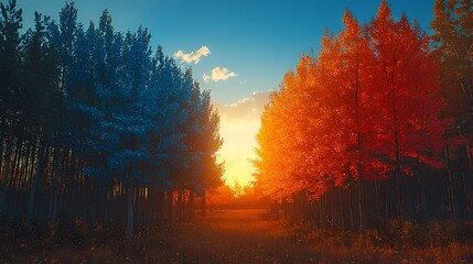 Autumnal forest path at sunset with vibrant trees