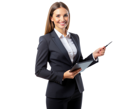 Businesswoman giving a presentation while pointing at a digital chart, isolated on a transparent background, PNG