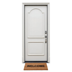 A classic white front door with a welcome mat in front isolated on transparent background