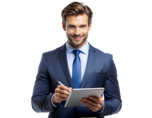 Male employee using a digital tablet with stylus for office work, isolated on a transparent background, PNG