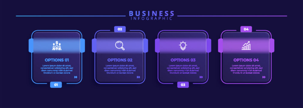 Infographic label design template featuring icons and 4 distinct steps. Ideal for process charts, presentation slides, workflow schemes, banners, flow diagrams, and data visualizations.	