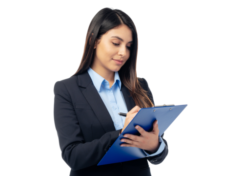 Young female office worker holding a clipboard and checking tasks, isolated on a transparent background, PNG