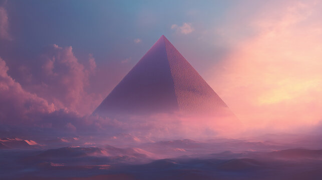 AI-generated image - Surreal digital artwork of a giant pyramid emerging from misty desert dunes under a dreamy pink-purple sky, creating an ethereal and atmospheric sci-fi mood.