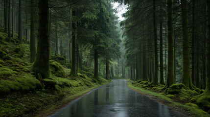 Naklejka premium A serene wet forest road surrounded by lush moss-covered trees and dense greenery after rainfall, creating a calm and natural woodland atmosphere.