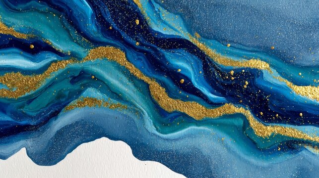Abstract watercolor illustration featuring flowing waves of blue and turquoise with shimmering gold accents, creating a dynamic and vibrant visual experience for artistic expression and design
