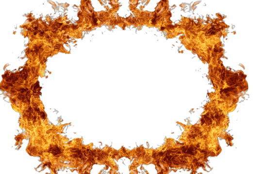 A fiery, circular frame surrounds a black empty space. Flames dance, creating a visually striking border