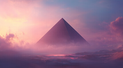 AI-generated image - Surreal digital artwork of a giant pyramid emerging from misty desert dunes under a dreamy pink-purple sky, creating an ethereal and atmospheric sci-fi mood.