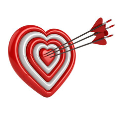 Red and white heart shaped target with three arrows piercing the center isolated on transparent background
