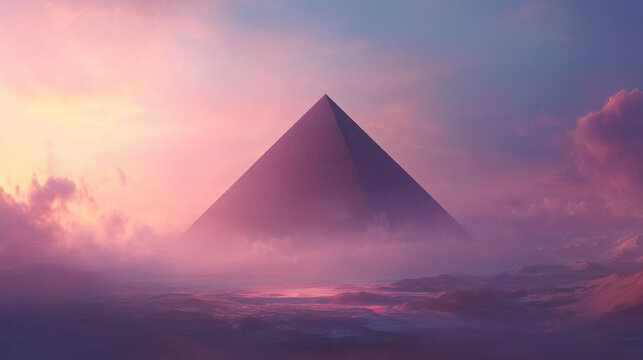 AI-generated image - Surreal digital artwork of a giant pyramid emerging from misty desert dunes under a dreamy pink-purple sky, creating an ethereal and atmospheric sci-fi mood. - Powered by Adobe