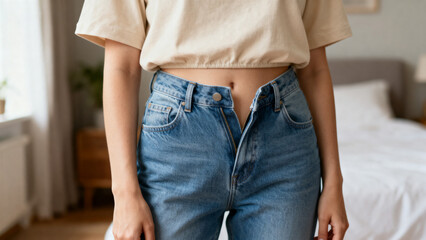 Closeup of a person wearing jeans and a crop top