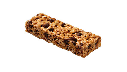 A delicious chewy granola bar with visible chocolate chips and nuts, isolated on black
