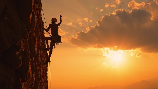 Rock climber reaching summit at sunrise, silhouette against golden sky, ropes and gear glistening, determination rewarded with spectacular view.