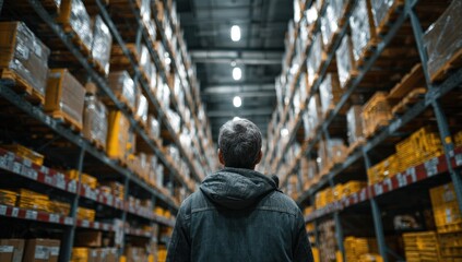 Man wearing dark jacket stands in a large warehouse, surrounded by tall shelves filled with neatly stacked boxes, contemplating logistics and inventory management