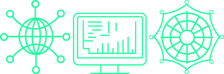 Abstract digital icons representing global networks, data analysis, and design elements