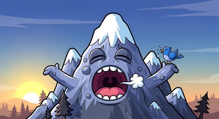 Funny Cartoon Mountain Yawning with a Bird on its Peak at Sunrise.