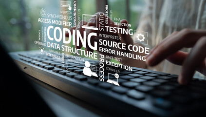 A close-up of hands typing on a keyboard, surrounded by various terms and concepts related to...