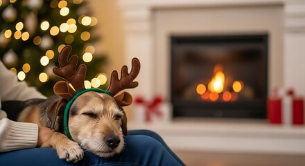 Cozy dog wearing reindeer antlers resting by a fireplace at christmas