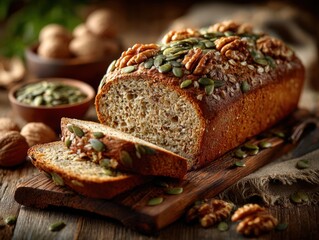 Freshly baked whole grain bread topped with nuts and seeds, sliced on a wooden board, surrounded by walnuts and pumpkin seeds, showcasing healthy culinary delights