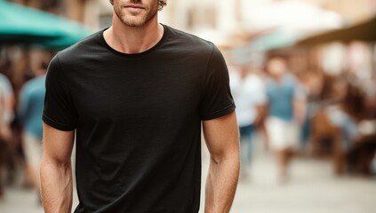Handsome man with light brown hair wearing a black t-shirt stands confidently in a bustling outdoor market, surrounded by blurred figures and vibrant stalls, showcasing urban lifestyle