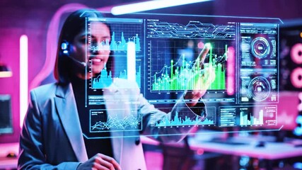 A woman gestures at a futuristic, glowing data interface, wearing a headset - Powered by Adobe