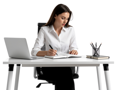 Businesswoman sitting at a modern office desk while writing notes in a planner, isolated on a transparent background, PNG
