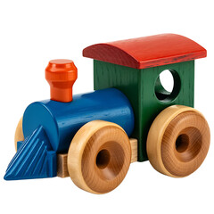 Colorful wooden toy train with red roof and blue body isolated on transparent background