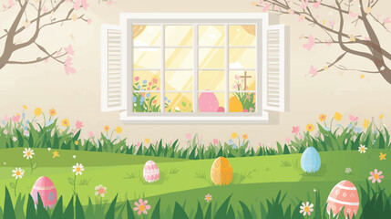 Easter's Garden View: A charming scene unfolds with a window overlooking a lush garden adorned with colorful eggs, a vibrant celebration of springtime.