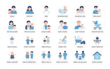 This vector icon set features 25 flat-design solid glyph icons related to family, parenting, baby care, maternity, and various relationships, in a modern style 