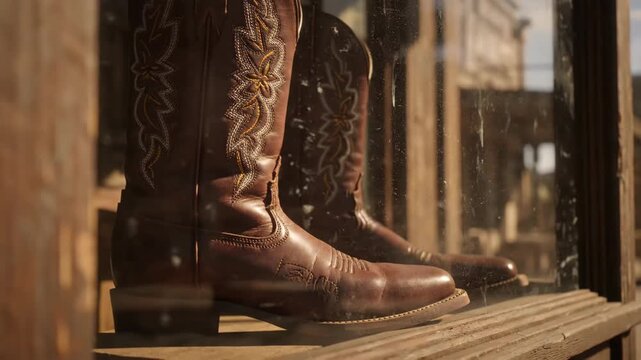 Pair of brown cowboy boots displayed in a shop window