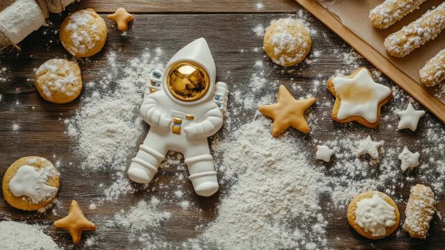 Video An astronaut holds a cookie amidst a collection of cookies and doughnuts, great for food or space-themed projects