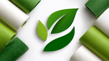 Green leaf logo design surrounded by rolls of textured paper in various shades of green and white, symbolizing nature, sustainability, and eco-friendly concepts for branding and marketing purposes