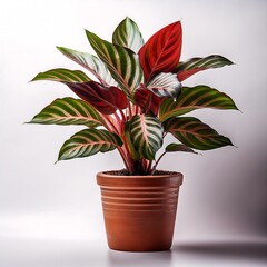 Obraz premium A vivid calathea plant set against a stark white background in a clay pot