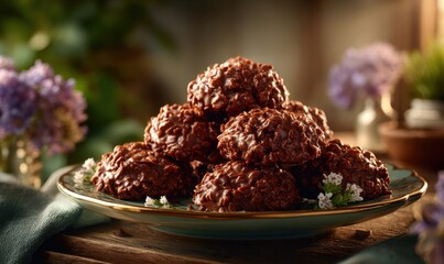 Delicious chocolate cookies stacked on a decorative plate, surrounded by fresh flowers and greenery, creating a warm and inviting dessert display for culinary enthusiasts