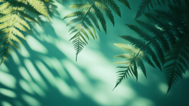 Soft Fern Shadows Overlapping on Textured Teal Background with Natural Light - Powered by Adobe