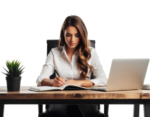 Businesswoman sitting at a modern office desk while writing notes in a planner, isolated on a transparent background, PNG