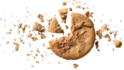 Close-up of a shattered round biscuit with many golden brown crumbs on black