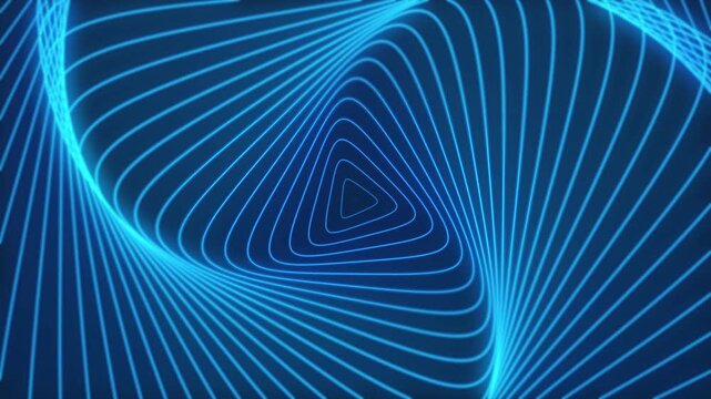Hypnotic journey through a swirling vortex of glowing blue neon lines forming a futuristic twisted triangular tunnel on a dark background