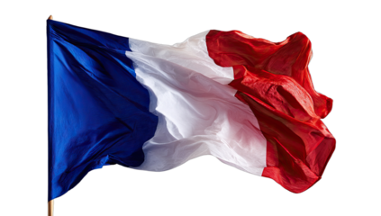 A cloth national symbol billows in the wind, with vibrant stripes of blue, white, and red