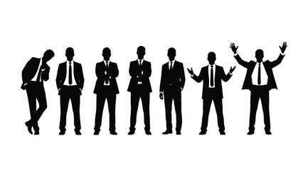 Group of Seven Business Men Silhouettes in Suits Standing in Various Poses - Corporate Team and Management Vector Illustration